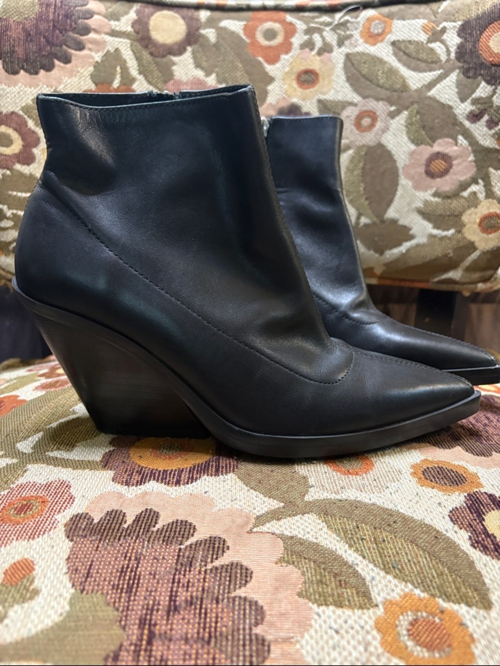 Zara Black Pointed Stacked Heel Ankle Boots
